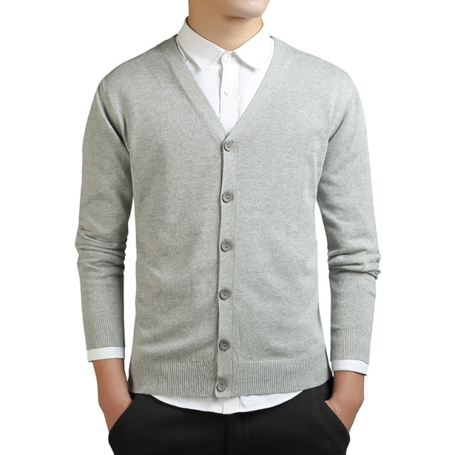 Grey Cardigans Men Cotton Sweater Long Sleeve Mens V-Neck Sweaters Loose Solid Button Tops Fit Knitting Casual Style Clothing