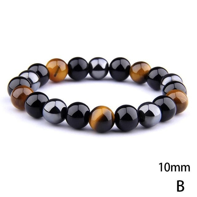 Fashion Natural Stone Bracelet Tiger Eye Triple Protection Hematite and Black Obsidian Bracelet