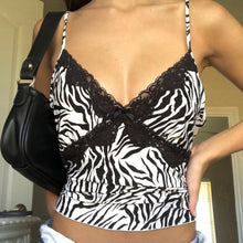 Load image into Gallery viewer, Zebra Print Black Lace T-Shirt Women Top V Neck Sleeveless Sexy Crop Tops Summer T-shirts Backless Milkmaid Tanktop
