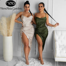 Load image into Gallery viewer, NewAsia Ruched Satin Summer Dress Drawstring Spaghetti Straps Cowl Neck Backless Long Dresses for Women Party Sexy Vestidos 2020
