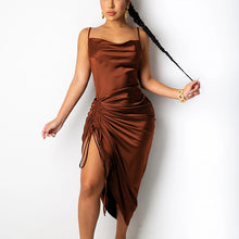 Load image into Gallery viewer, NewAsia Ruched Satin Summer Dress Drawstring Spaghetti Straps Cowl Neck Backless Long Dresses for Women Party Sexy Vestidos 2020
