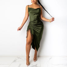 Load image into Gallery viewer, NewAsia Ruched Satin Summer Dress Drawstring Spaghetti Straps Cowl Neck Backless Long Dresses for Women Party Sexy Vestidos 2020
