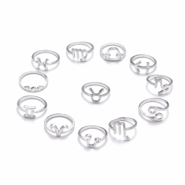 New Couple Ring Set Gold Sliver Zodiac Sign Rings Set For Women Vintage 12 Constellations Rings Female Statement Fashion Jewelry