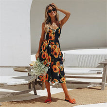 Load image into Gallery viewer, Summer Women Sexy Sling Print Pocket Halter Button Beach Dress 2021 Female Bohemia Holiday Midi Retro Lady Dresses Plus Size
