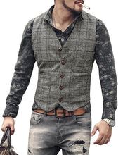 Load image into Gallery viewer, mens suit vests men brown black waistcoat vest man plaid steampunk jacket striped tweed v-neck slim fit gilet wedding clothing
