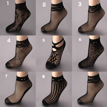 Load image into Gallery viewer, 1Pair Black High Elasticity Socks Unique design Women Summer Mesh Silk Socks Lace Sexy Ultrathin Transparent Nylon Short Socks
