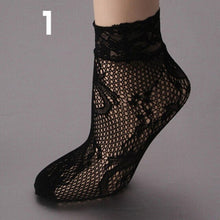 Load image into Gallery viewer, 1Pair Black High Elasticity Socks Unique design Women Summer Mesh Silk Socks Lace Sexy Ultrathin Transparent Nylon Short Socks

