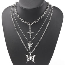 Load image into Gallery viewer, 2021 3 Layers Hip Hop Cool Silver Color Cross Choker Necklaces For Women Simple Butterfly Angel Long Pendant Necklace Jewelry #4
