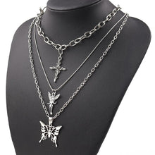 Load image into Gallery viewer, 2021 3 Layers Hip Hop Cool Silver Color Cross Choker Necklaces For Women Simple Butterfly Angel Long Pendant Necklace Jewelry #4
