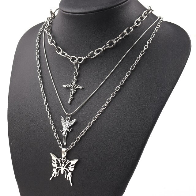 2021 3 Layers Hip Hop Cool Silver Color Cross Choker Necklaces For Women Simple Butterfly Angel Long Pendant Necklace Jewelry #4