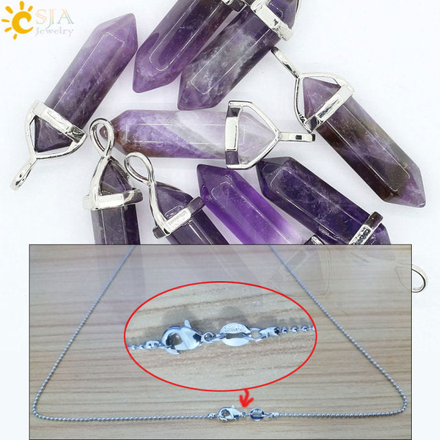 CSJA Natural Stone Necklace Crystal Pendant Necklaces Hexagonal Bullet Reiki Chakra Real Raw Pink Purple Gem Women Jewelry E056