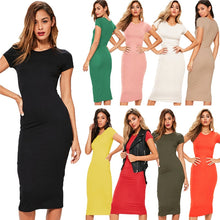 Load image into Gallery viewer, Knitted Cotton Long Spring Dress Fashion O-Neck Short Sleeve Office Lady Summer Dress Plus Size Casual Pencil Vestido Party Robe
