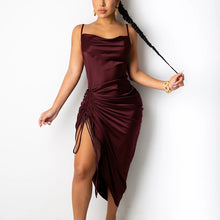 Load image into Gallery viewer, NewAsia Ruched Satin Summer Dress Drawstring Spaghetti Straps Cowl Neck Backless Long Dresses for Women Party Sexy Vestidos 2020
