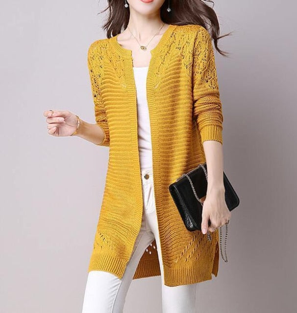 Zoulv Size S-XXL Poncho Full Sleeve Open Stitch Female Knitted Outerwear Fall Women Cardigan Solid Color Hollow Out Sweaters