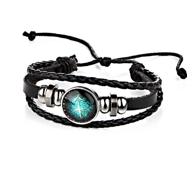 Sale New Fashion 12 Constellations Leather Zodiac Sign with beads Bangle Leather  Bracelets For Men Boys Jewelry Travel Accessor
