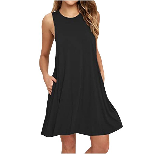 Fashion Women O-Neck Loose Dress Casual Solid Pockets Sleeveless Beach Dress Summer Spaghetti Strap Female Homewear Mini Dress