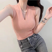 Load image into Gallery viewer, 2021 Spring Autumn Sexy V-Neck Thin Knitted Tank Women&#39;s Plain Tanktops Trend Summer Sleeveless Off Shoulder Solid Color Tops
