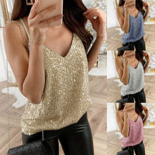 Load image into Gallery viewer, Womens tank top Sequin Glitter Strappy Tank Tops Ladies Sexy Sparkle Camis v-neck Swing Vest Clubwear party night tanks
