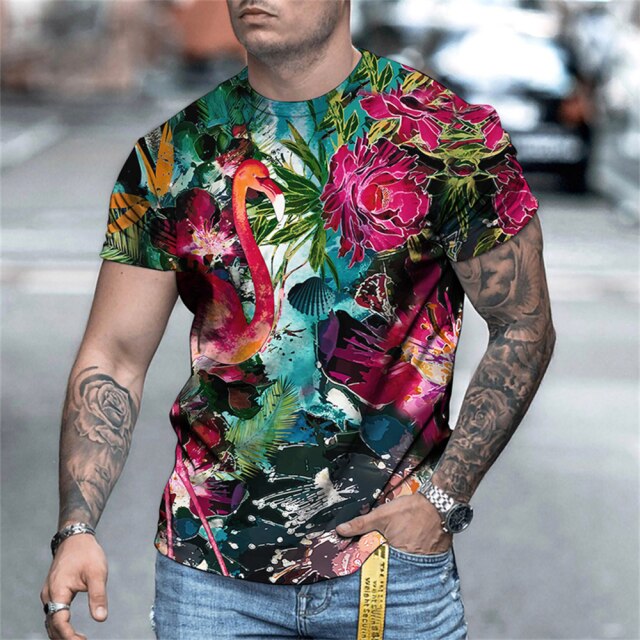 Men's Short Sleeve Tshirt Vintage Style Flamingo T shirt Color Man Clothing Oversized T-shirt 3D Printing Pullover Clothes